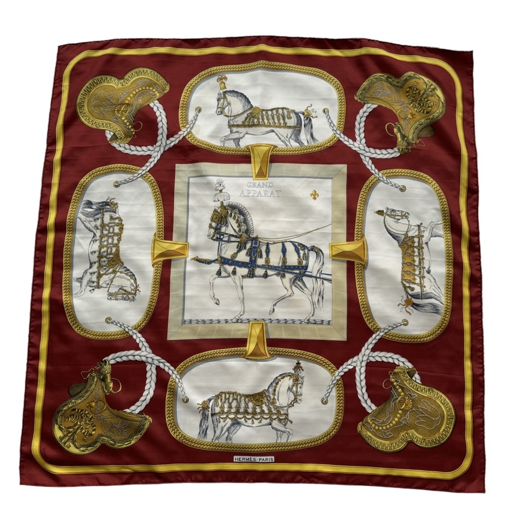 Herms Red Gold Grand Apparat 100% Silk Scarf